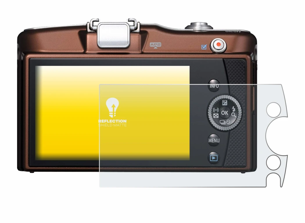Image de l'appareil Olympus PEN E-PM1 avec une grande variété de protections d'écran.