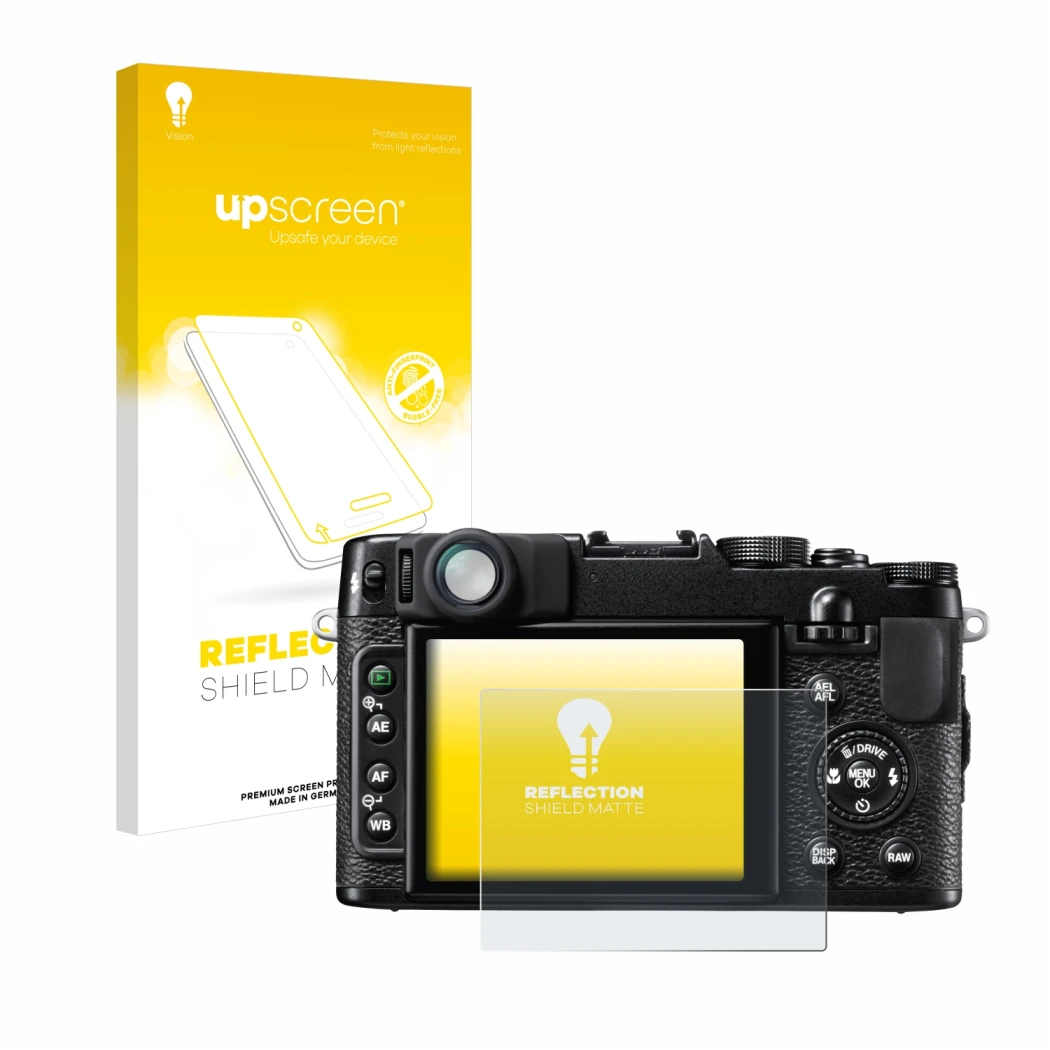 Face avant d’un emballage produit avec le logo de la marque upscreen. À côté, l’appareil Fujifilm FinePix X10 est représenté a