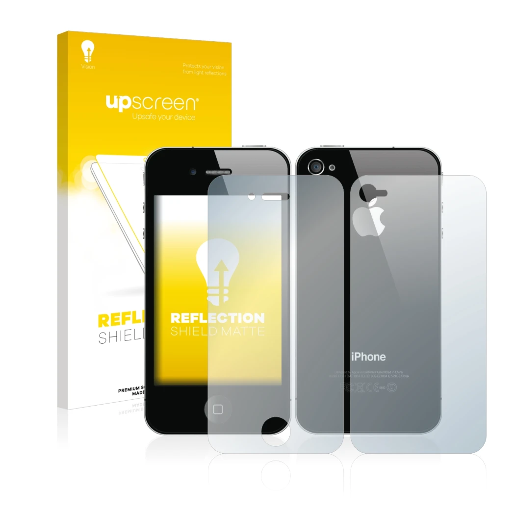 Face avant d’un emballage produit avec le logo de la marque upscreen. À côté, l’appareil Apple iPhone 4S (Avant+Arrière) est r