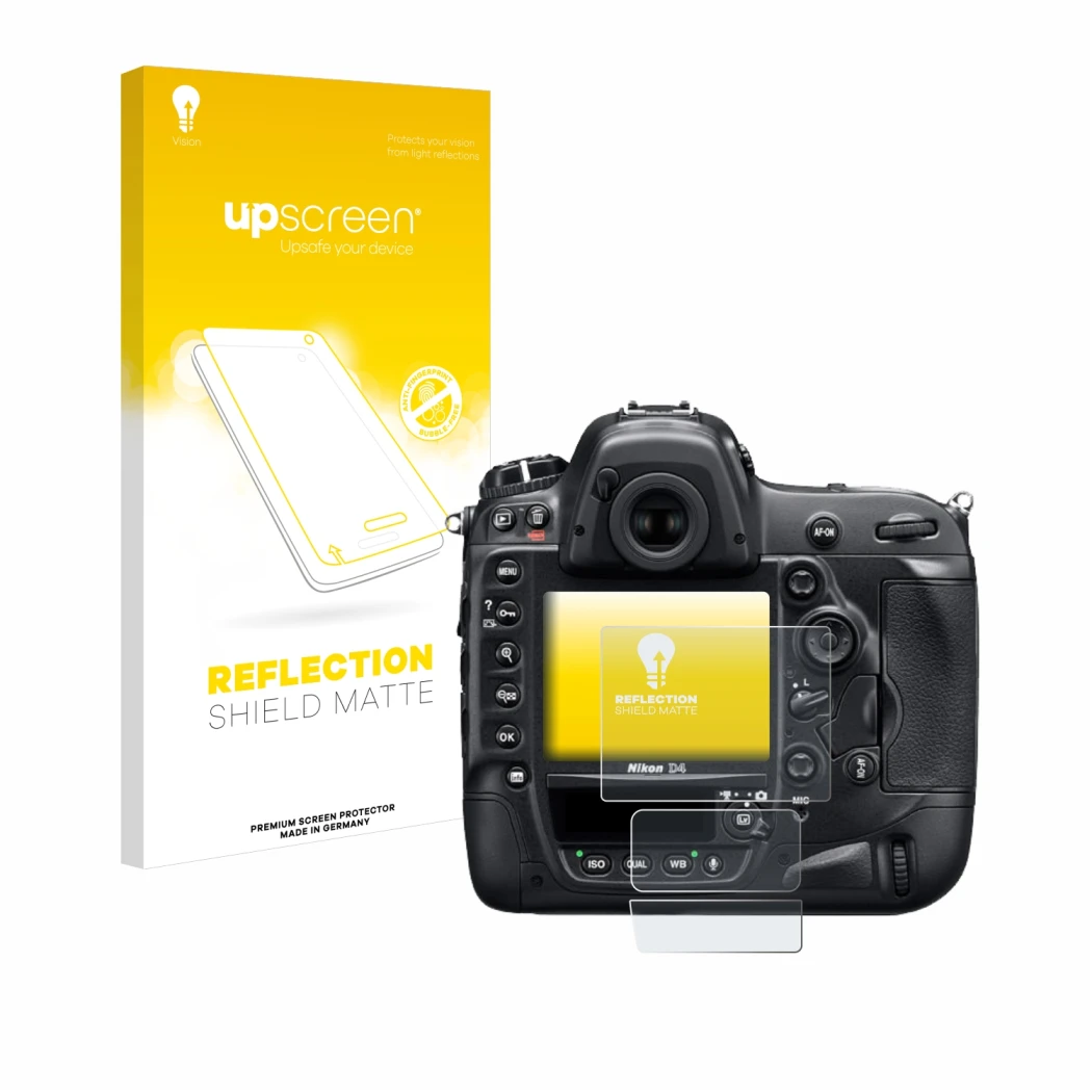 Face avant d’un emballage produit avec le logo de la marque upscreen. À côté, l’appareil Nikon D4 est représenté avec la prote