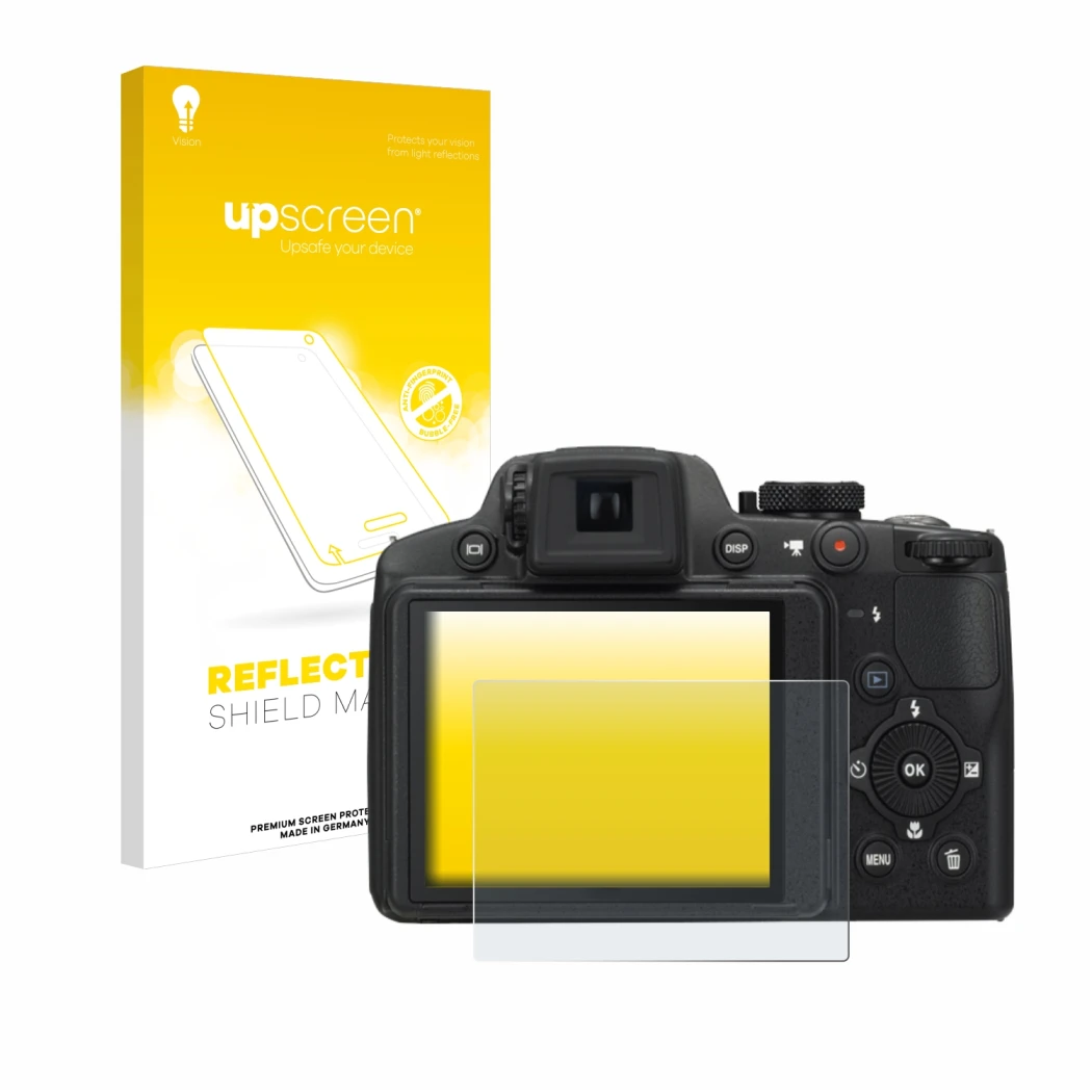 Face avant d’un emballage produit avec le logo de la marque upscreen. À côté, l’appareil Nikon Coolpix P510 est représenté ave