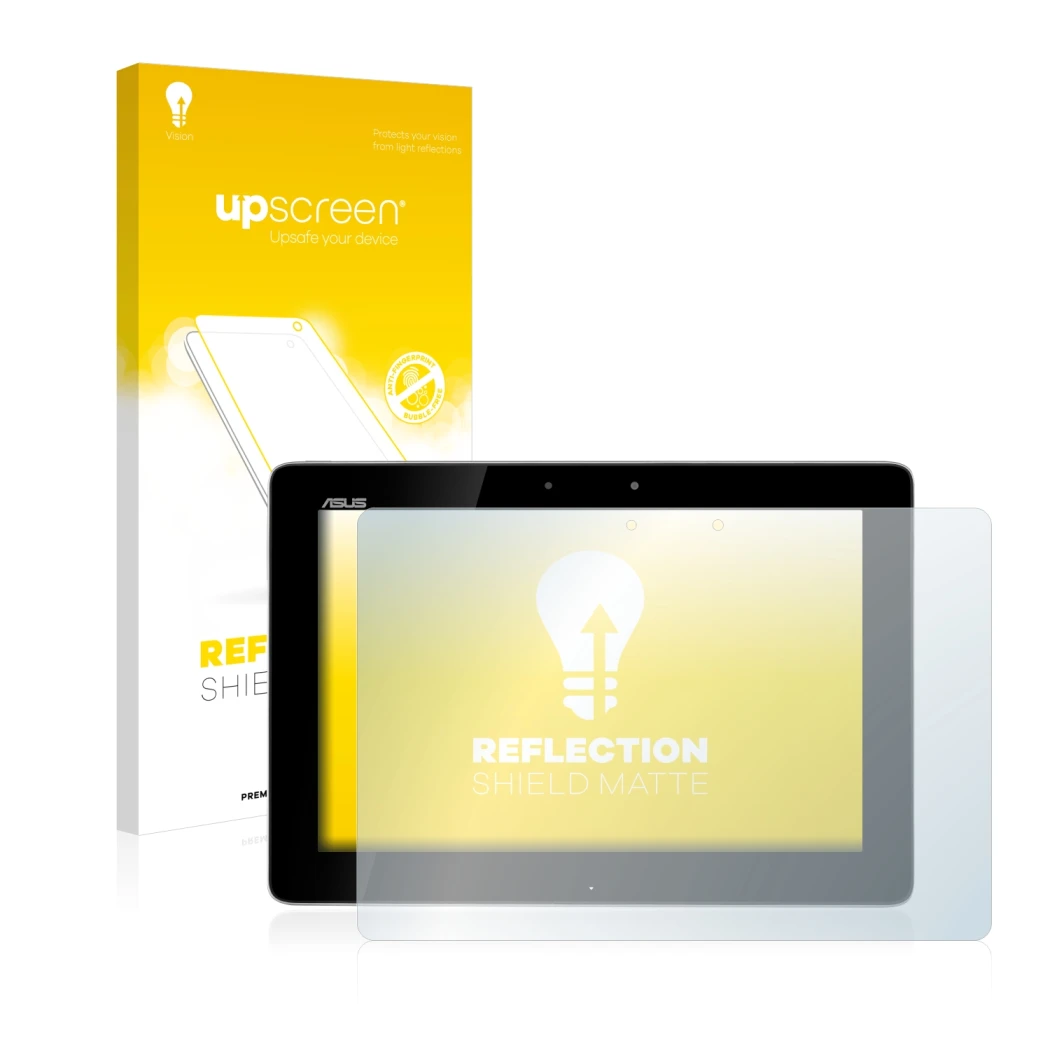 Face avant d’un emballage produit avec le logo de la marque upscreen. À côté, l’appareil ASUS Transformer Pad TF300T est repré