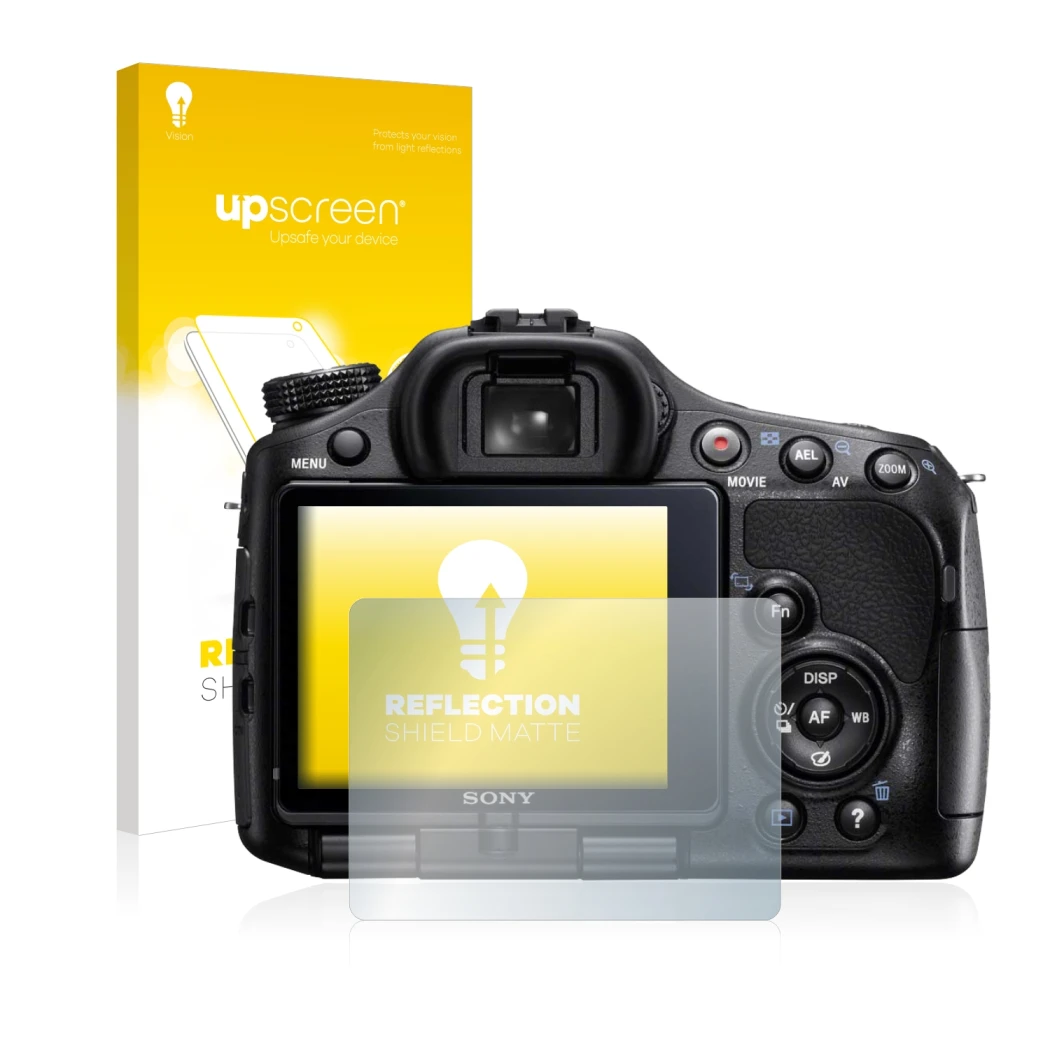 Face avant d’un emballage produit avec le logo de la marque upscreen. À côté, l’appareil Sony Alpha 57 (SLT-A57) est représent