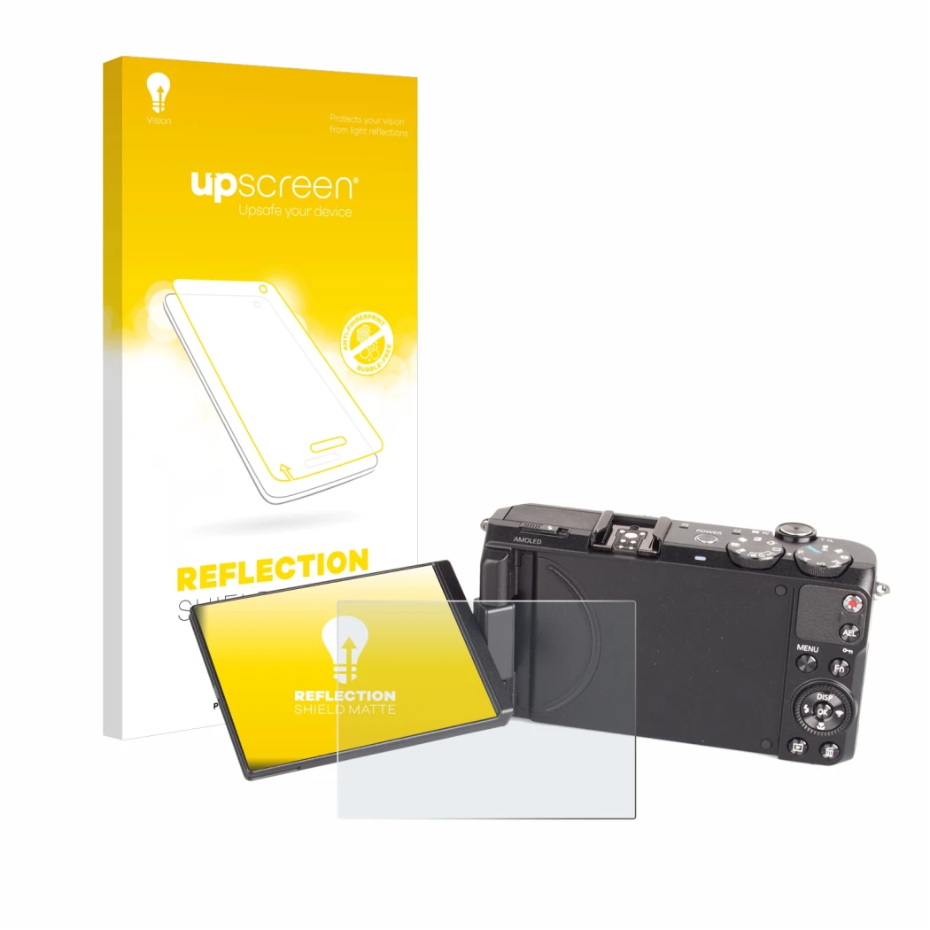 Face avant d’un emballage produit avec le logo de la marque upscreen. À côté, l’appareil Samsung EX2F est représenté avec la p