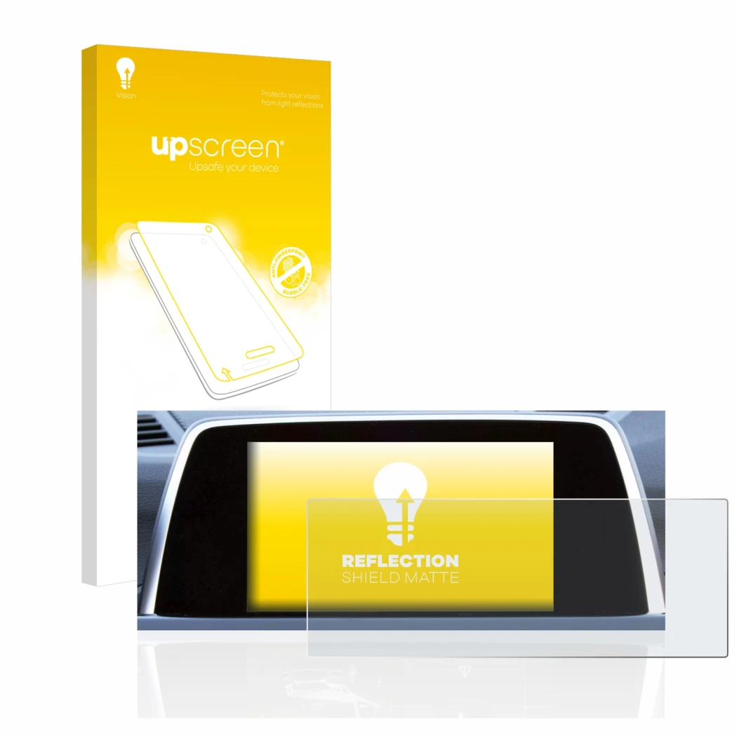 Face avant d’un emballage produit avec le logo de la marque upscreen. À côté, l’appareil BMW 6 F13 Coupe 2011 iDrive Pro 10.2