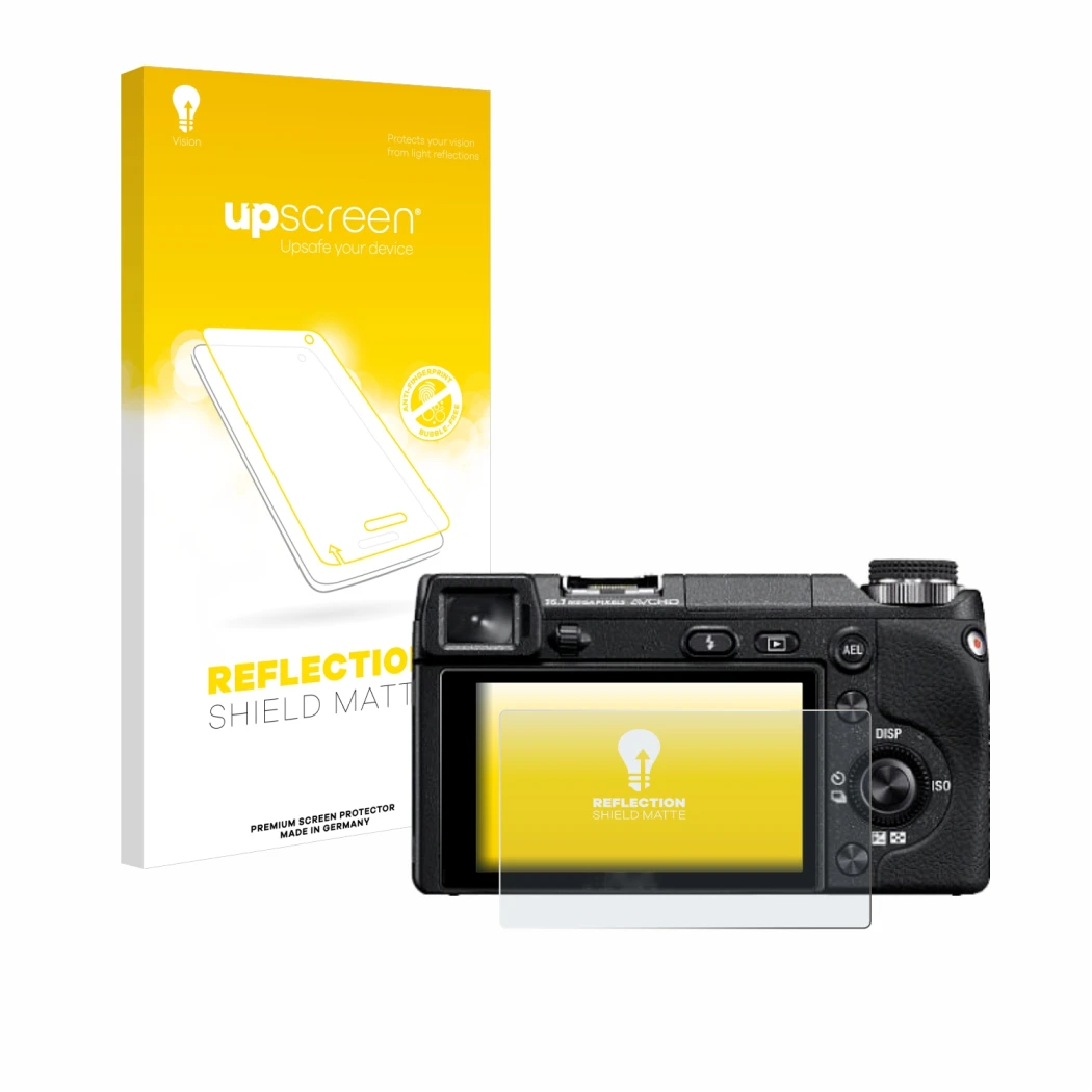 Face avant d’un emballage produit avec le logo de la marque upscreen. À côté, l’appareil Sony Alpha NEX-6 est représenté avec