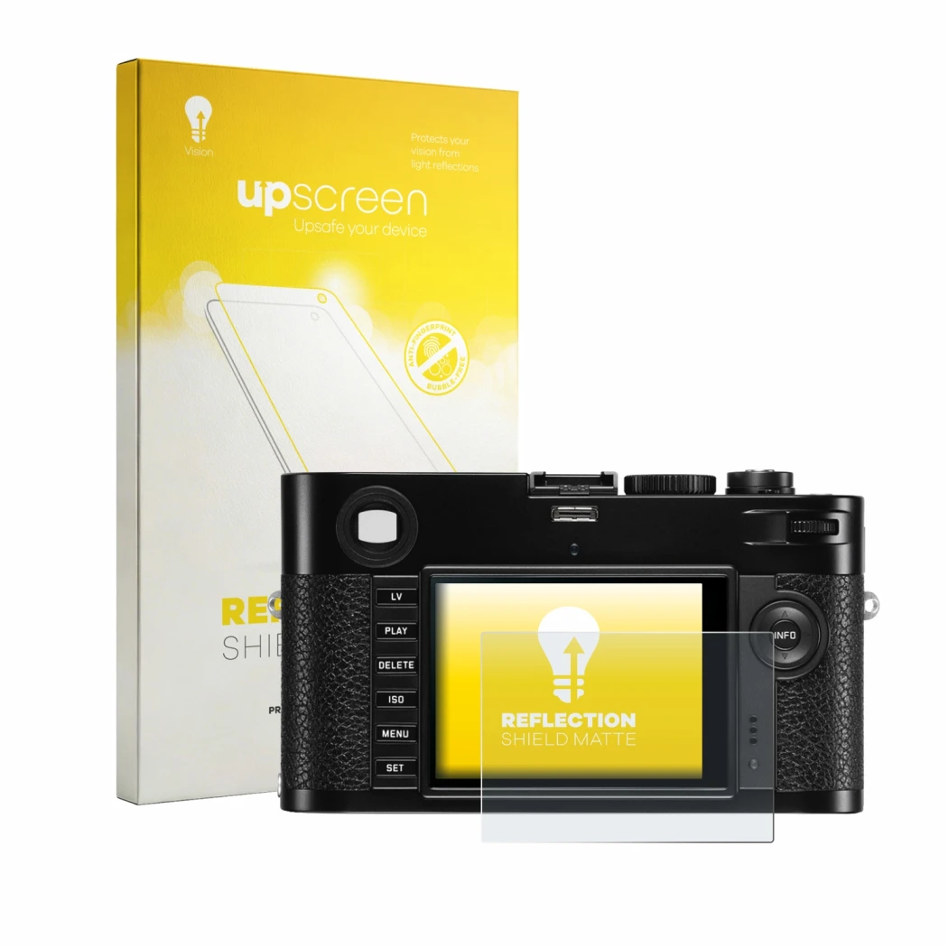 Face avant d’un emballage produit avec le logo de la marque upscreen. À côté, l’appareil Leica M (Typ 240) est représenté avec