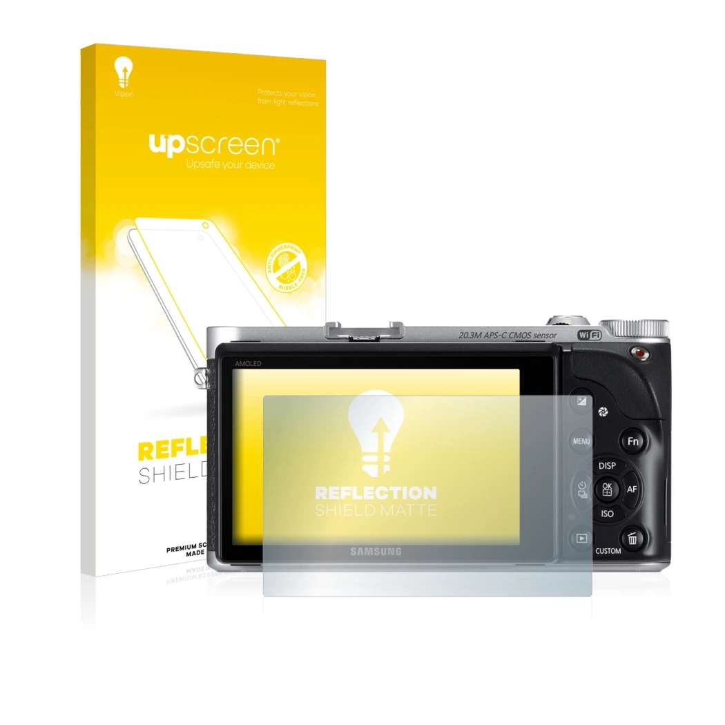 Face avant d’un emballage produit avec le logo de la marque upscreen. À côté, l’appareil Samsung NX300 est représenté avec la 