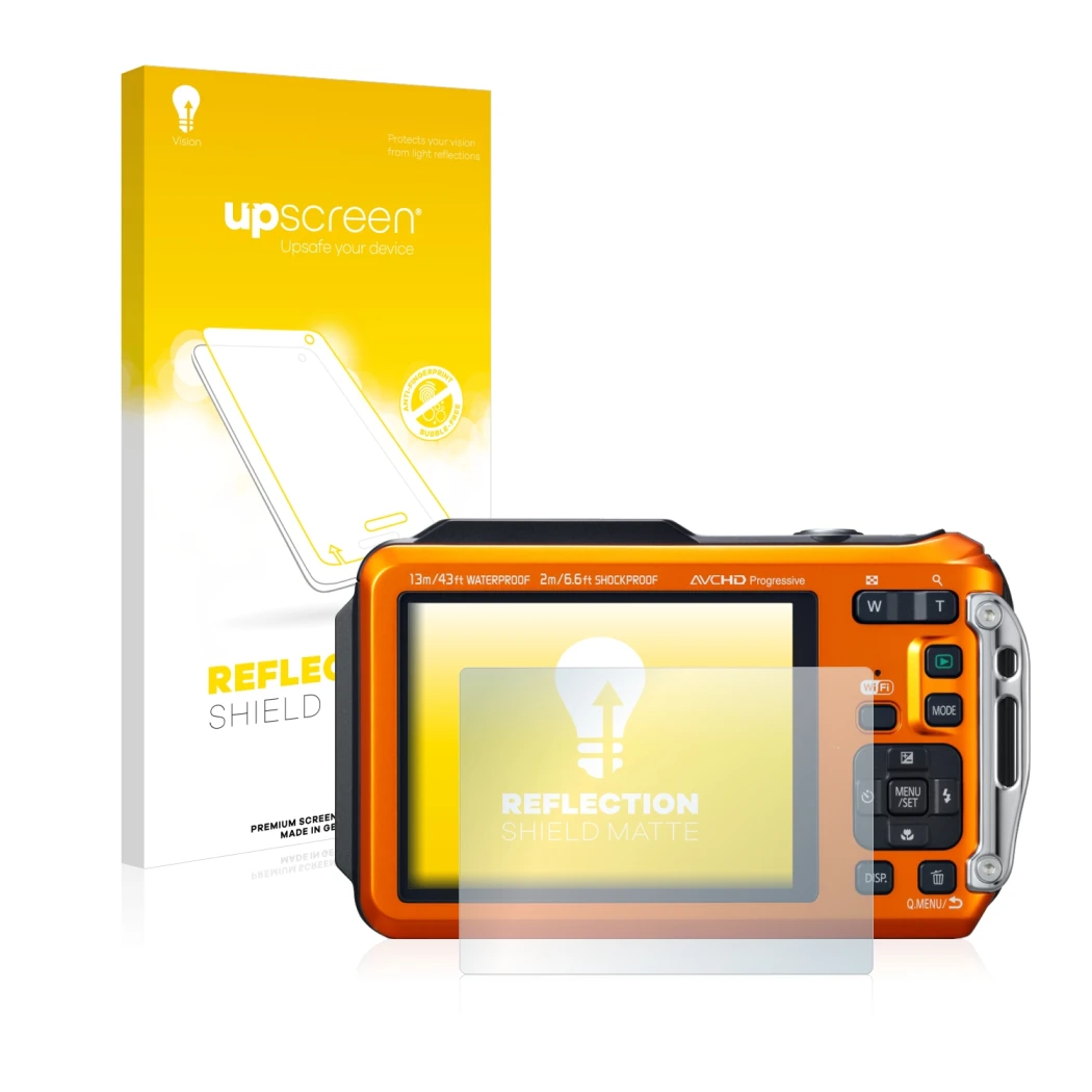 Face avant d’un emballage produit avec le logo de la marque upscreen. À côté, l’appareil Panasonic Lumix DMC-FT5 est représent