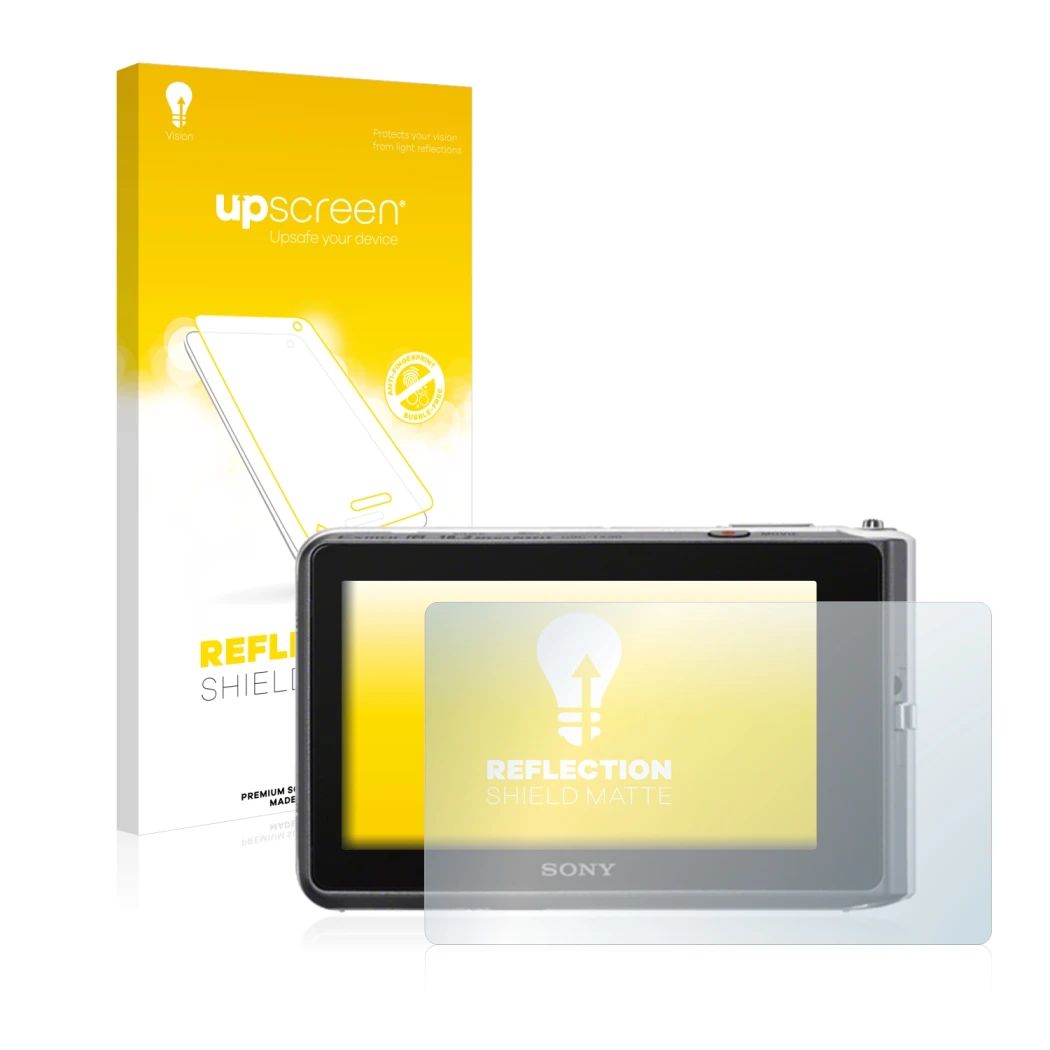 Face avant d’un emballage produit avec le logo de la marque upscreen. À côté, l’appareil Sony Cyber-Shot DSC-TX30 est représen