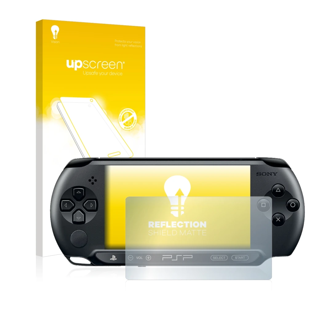 Face avant d’un emballage produit avec le logo de la marque upscreen. À côté, l’appareil Sony PSP 1004 est représenté avec la 
