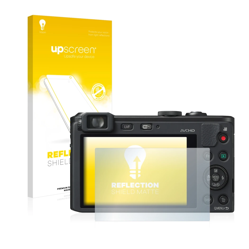 Face avant d’un emballage produit avec le logo de la marque upscreen. À côté, l’appareil Panasonic Lumix DMC-LF1 est représent