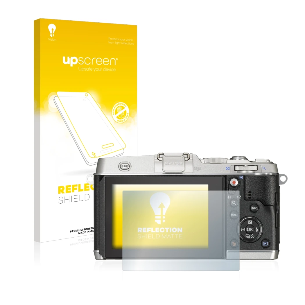 Face avant d’un emballage produit avec le logo de la marque upscreen. À côté, l’appareil Olympus PEN E-P5 est représenté avec