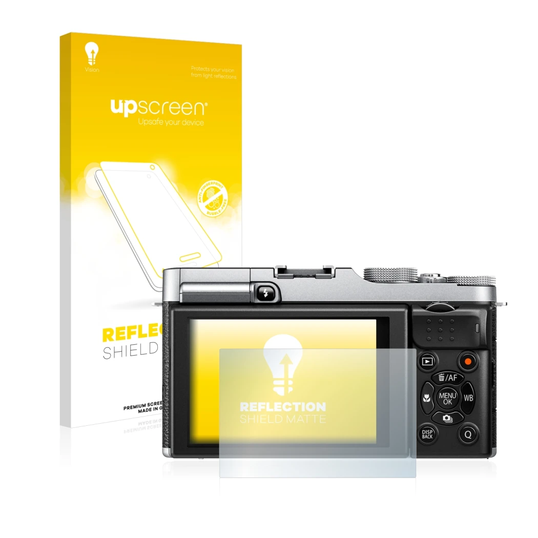 Face avant d’un emballage produit avec le logo de la marque upscreen. À côté, l’appareil Fujifilm X-M1 est représenté avec la