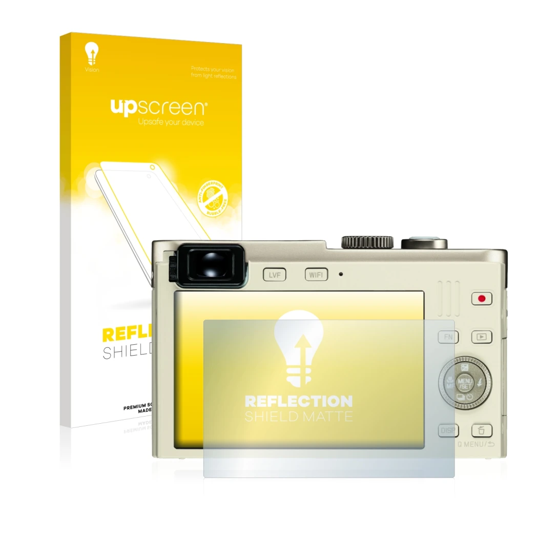 Face avant d’un emballage produit avec le logo de la marque upscreen. À côté, l’appareil Leica C (Typ 112) est représenté avec