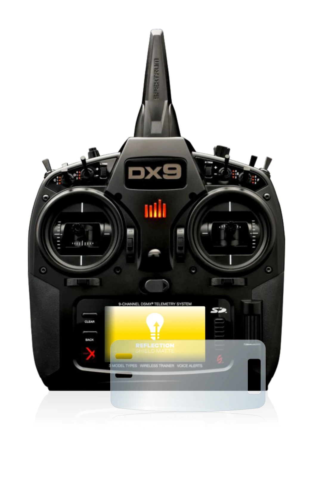 Image de l'appareil Spektrum DX9 avec une grande variété de protections d'écran.