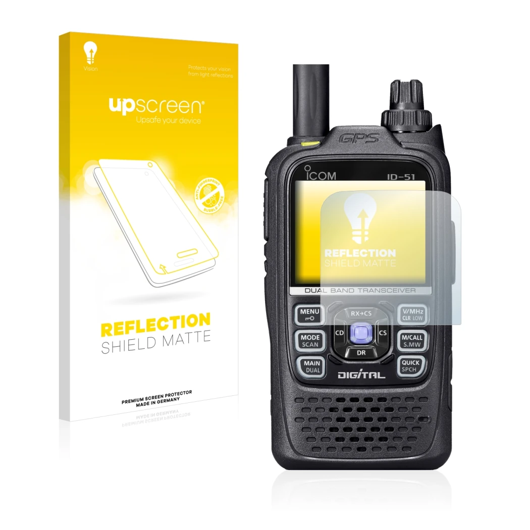 Face avant d’un emballage produit avec le logo de la marque upscreen. À côté, l’appareil Icom ID-51 est représenté avec la pro