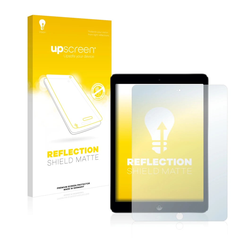 Face avant d’un emballage produit avec le logo de la marque upscreen. À côté, l’appareil Apple iPad Air 2013 est représenté av