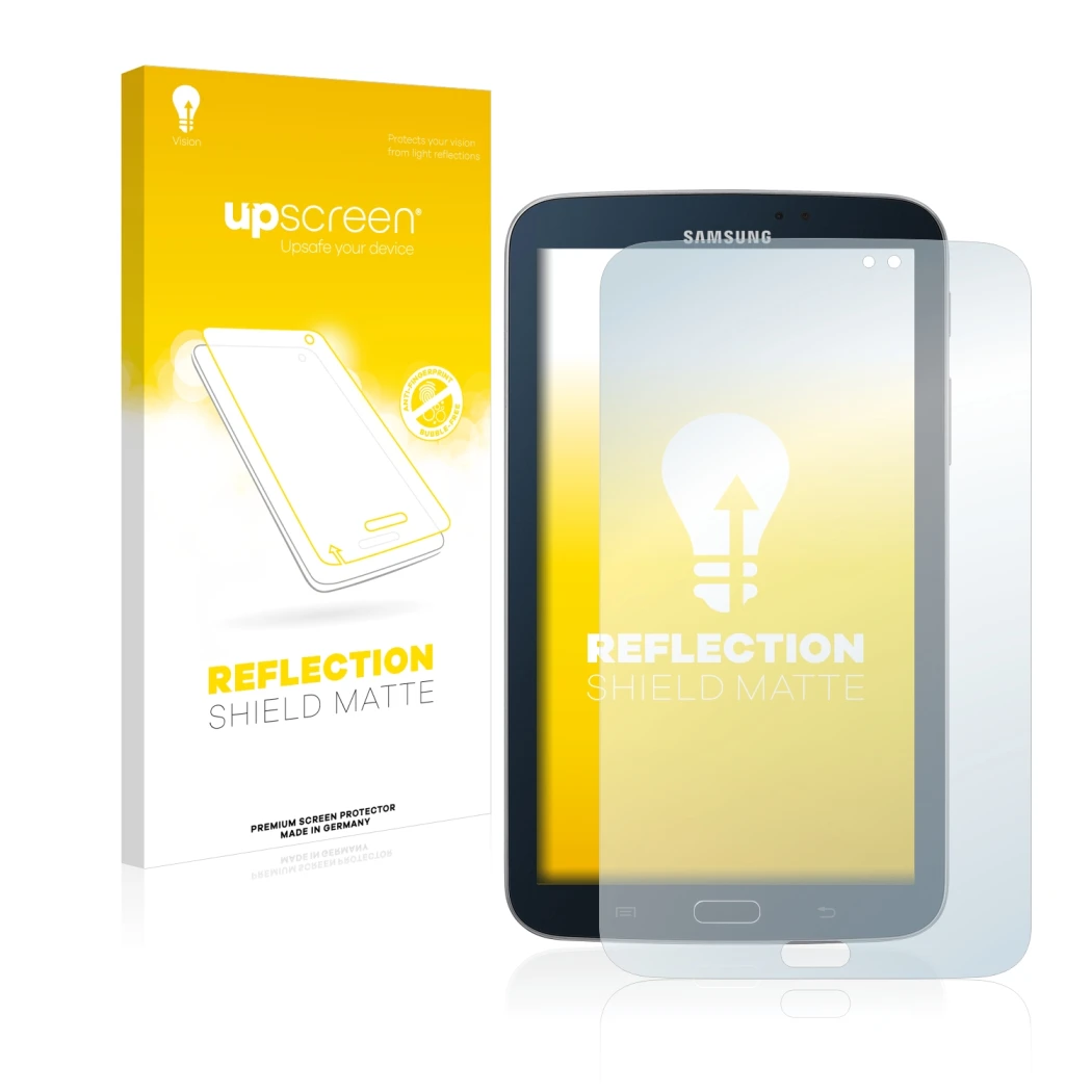 Face avant d’un emballage produit avec le logo de la marque upscreen. À côté, l’appareil Samsung Galaxy Tab 3 7.0 WiFi est rep