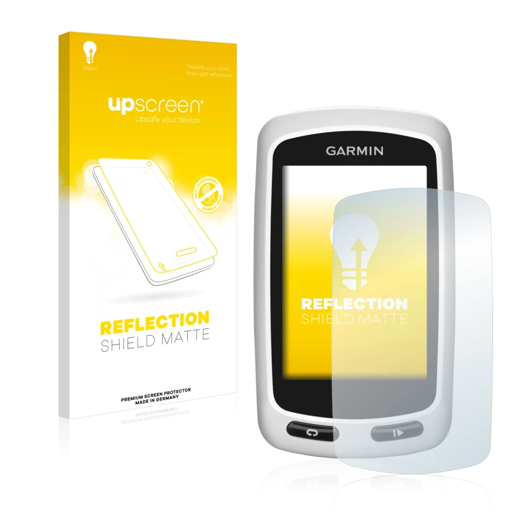 Face avant d’un emballage produit avec le logo de la marque upscreen. À côté, l’appareil Garmin Edge Touring Plus est représen