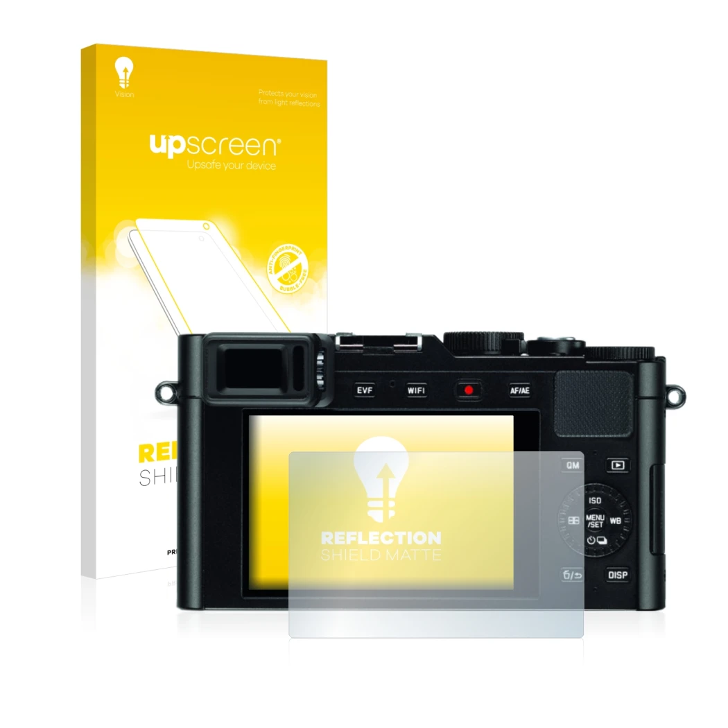 Face avant d’un emballage produit avec le logo de la marque upscreen. À côté, l’appareil Leica D-Lux (Typ 109) est représenté
