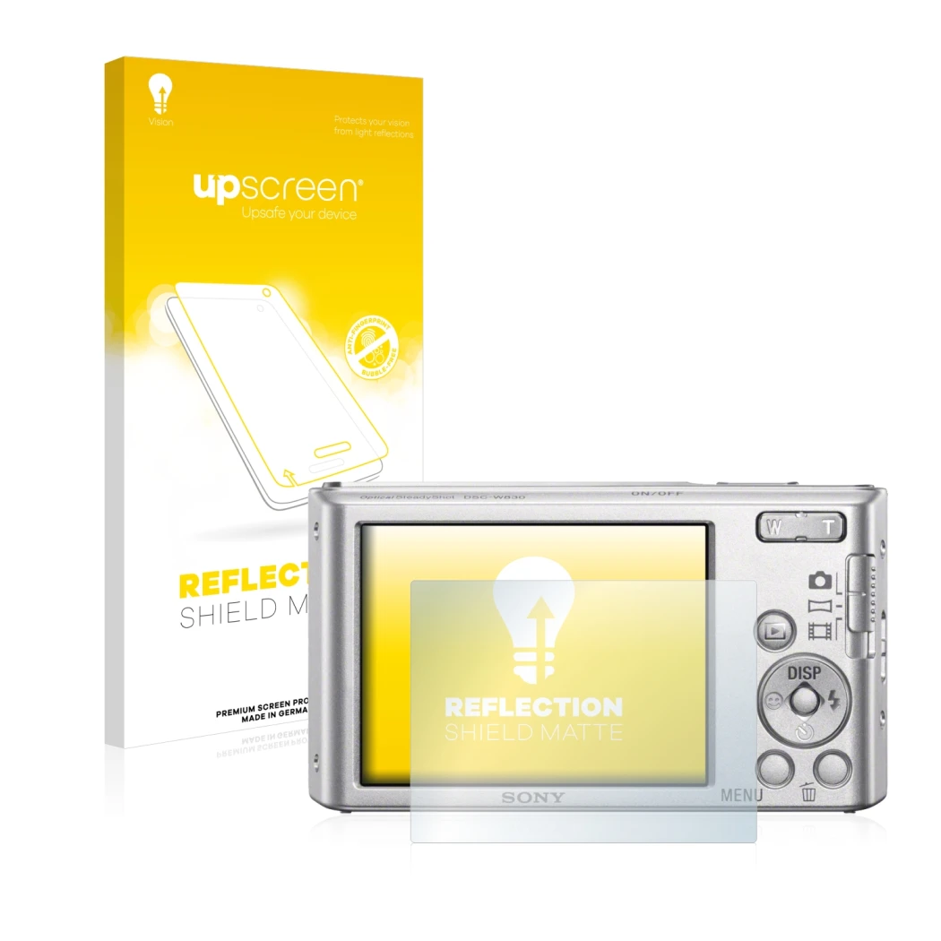 Face avant d’un emballage produit avec le logo de la marque upscreen. À côté, l’appareil Sony Cyber-Shot DSC-W830 est représen