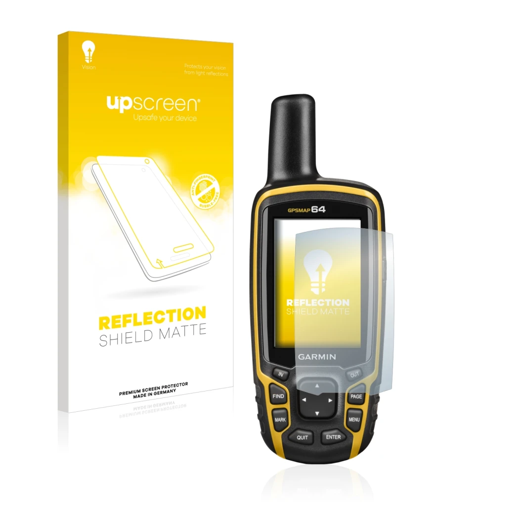 Face avant d’un emballage produit avec le logo de la marque upscreen. À côté, l’appareil Garmin GPSMAP 64 est représenté avec 