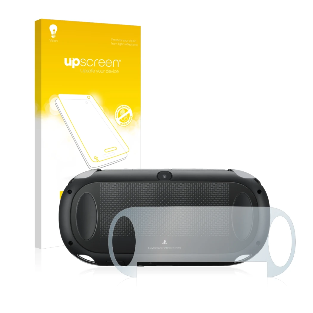 Face avant d’un emballage produit avec le logo de la marque upscreen. À côté, l’appareil Sony Playstation PCH-1000-Serie PS Vi