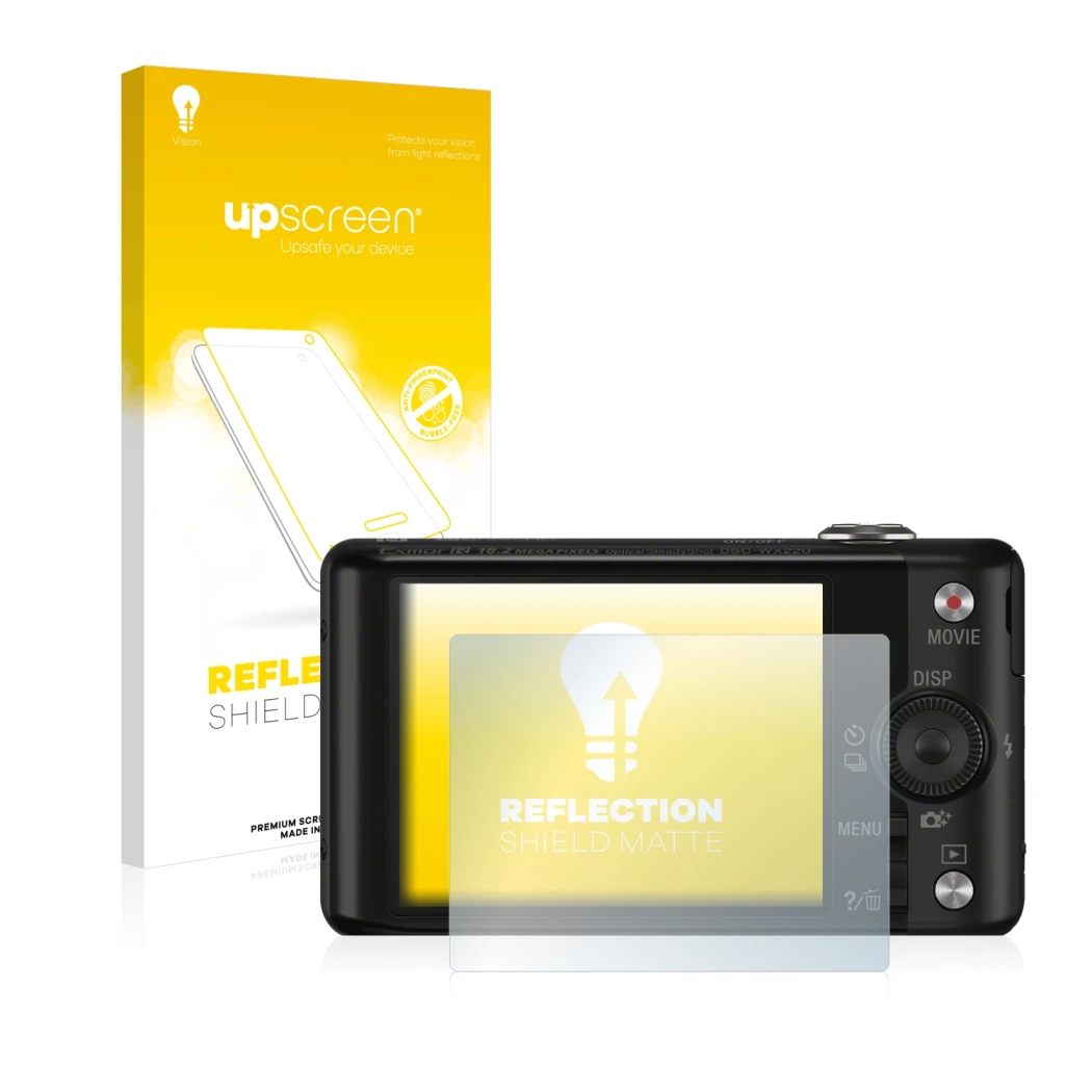 Face avant d’un emballage produit avec le logo de la marque upscreen. À côté, l’appareil Sony Cyber-Shot DSC-WX220 est représe