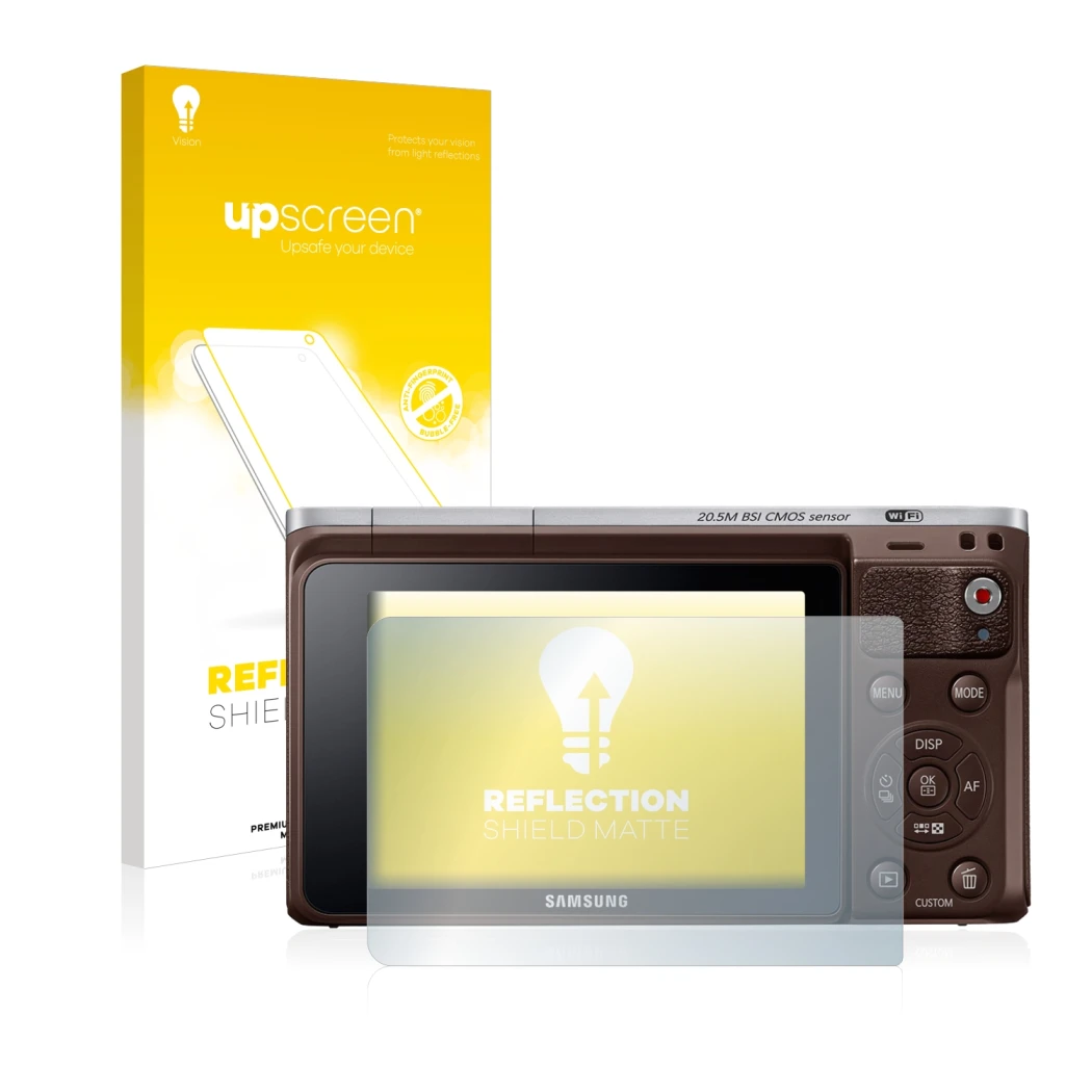 Face avant d’un emballage produit avec le logo de la marque upscreen. À côté, l’appareil Samsung NX Mini est représenté avec l