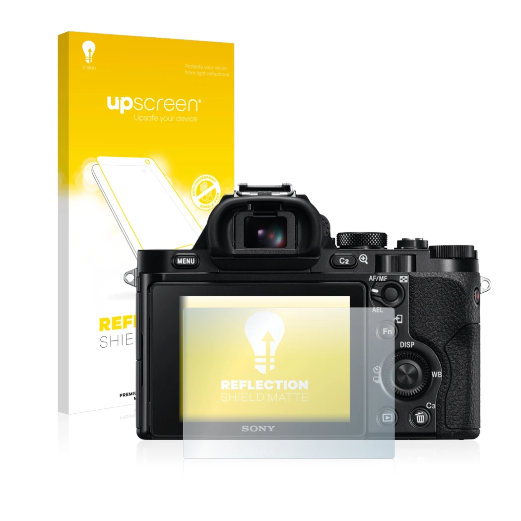 Face avant d’un emballage produit avec le logo de la marque upscreen. À côté, l’appareil Sony Alpha 7S est représenté avec la 
