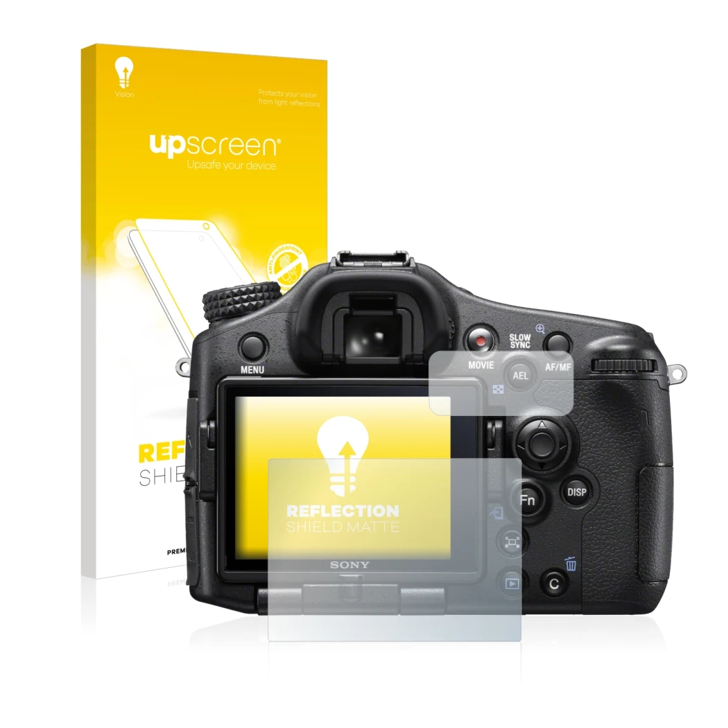 Face avant d’un emballage produit avec le logo de la marque upscreen. À côté, l’appareil Sony Alpha 77 II (SLT-A77 II) est rep