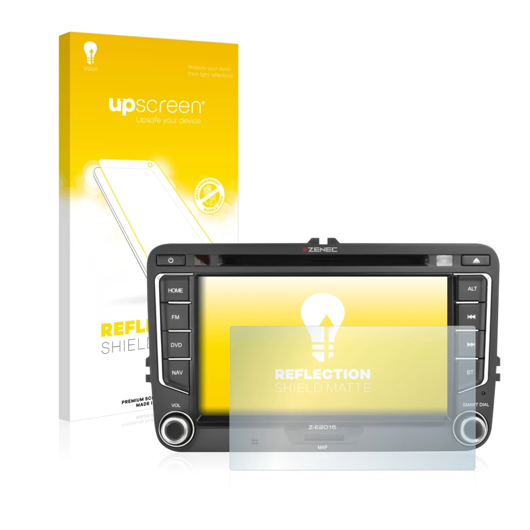 Face avant d’un emballage produit avec le logo de la marque upscreen. À côté, l’appareil Zenec Z-E2015 est représenté avec la 