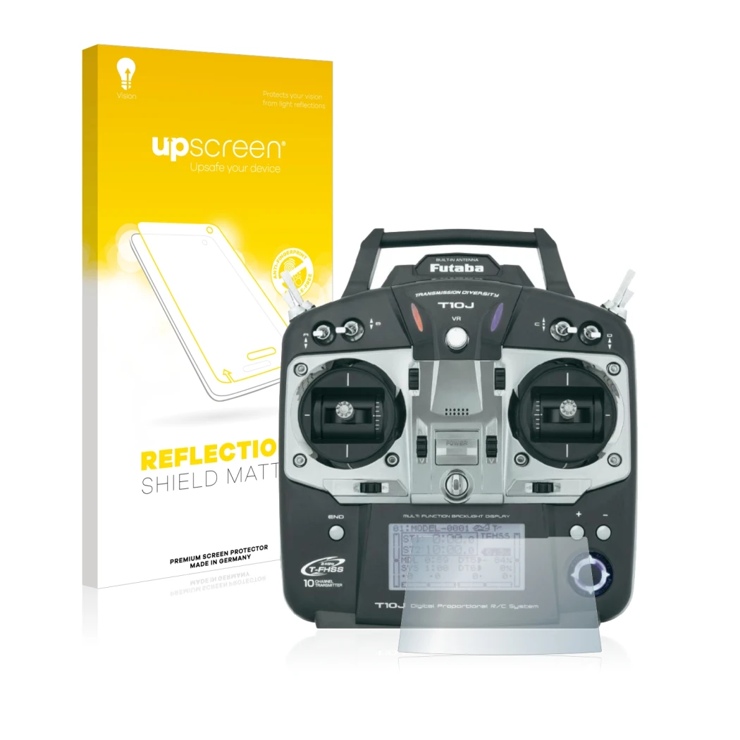 Face avant d’un emballage produit avec le logo de la marque upscreen. À côté, l’appareil Robbe Futaba T10J est représenté avec