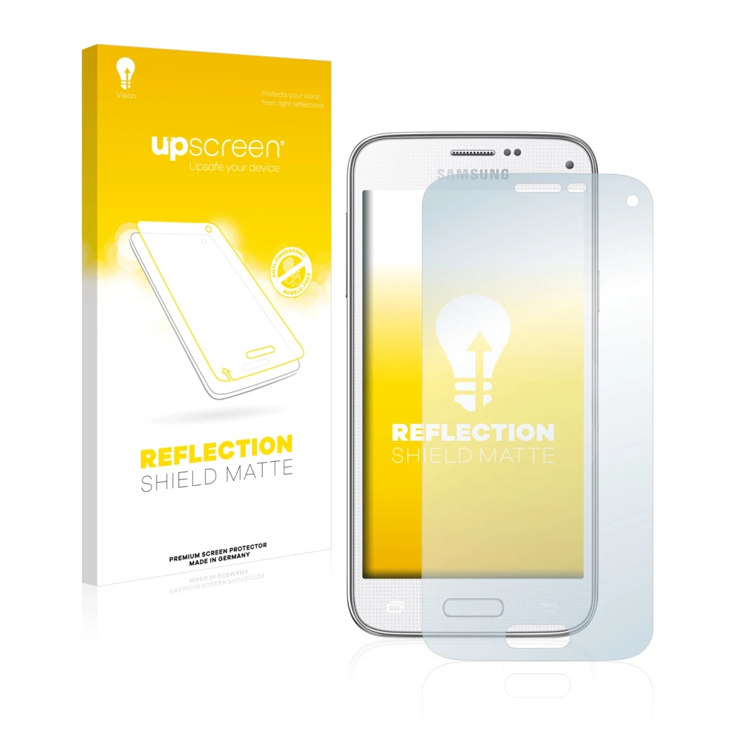 Face avant d’un emballage produit avec le logo de la marque upscreen. À côté, l’appareil Samsung Galaxy S5 Mini SM-G800 est re