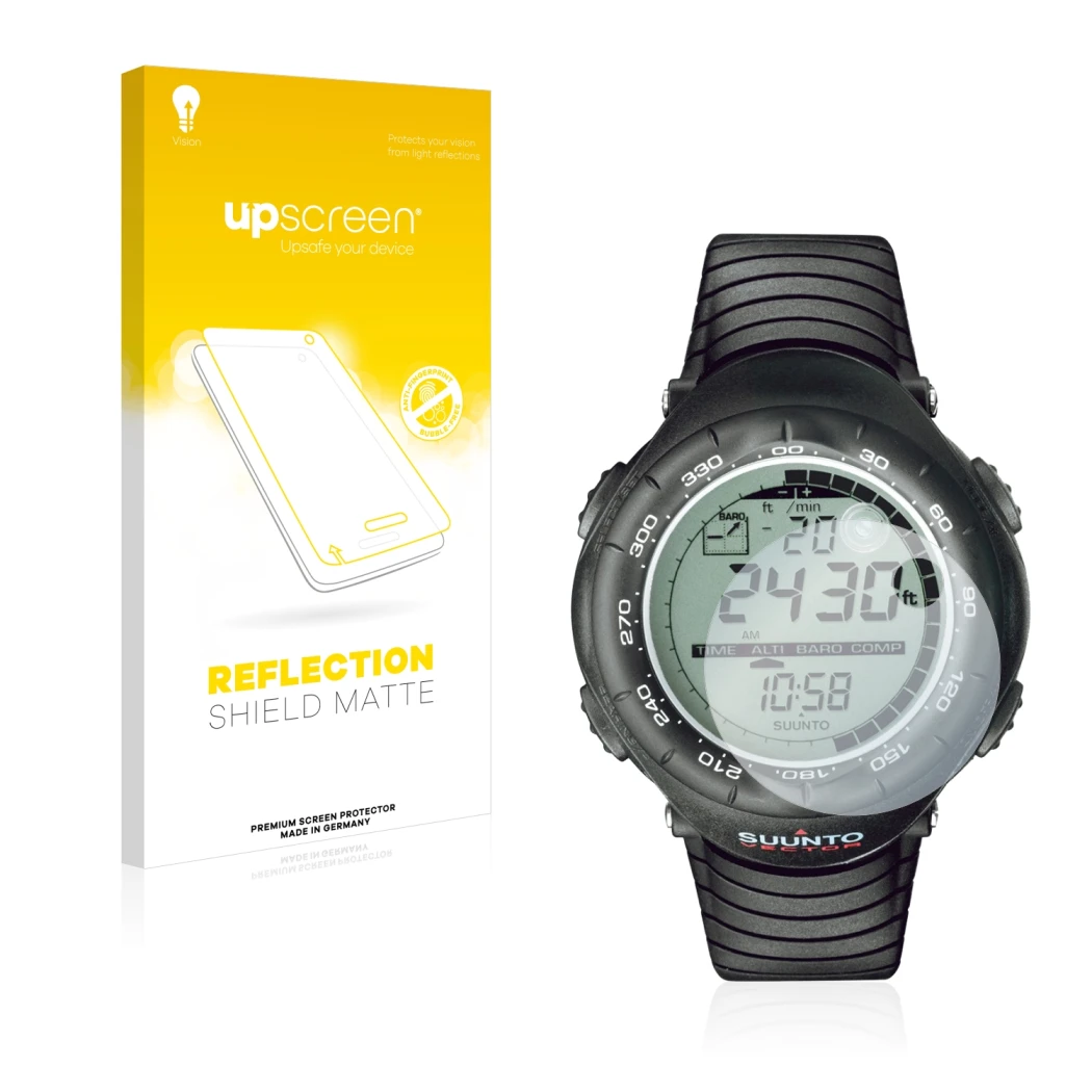 Face avant d’un emballage produit avec le logo de la marque upscreen. À côté, l’appareil Suunto Vector Black est représenté av