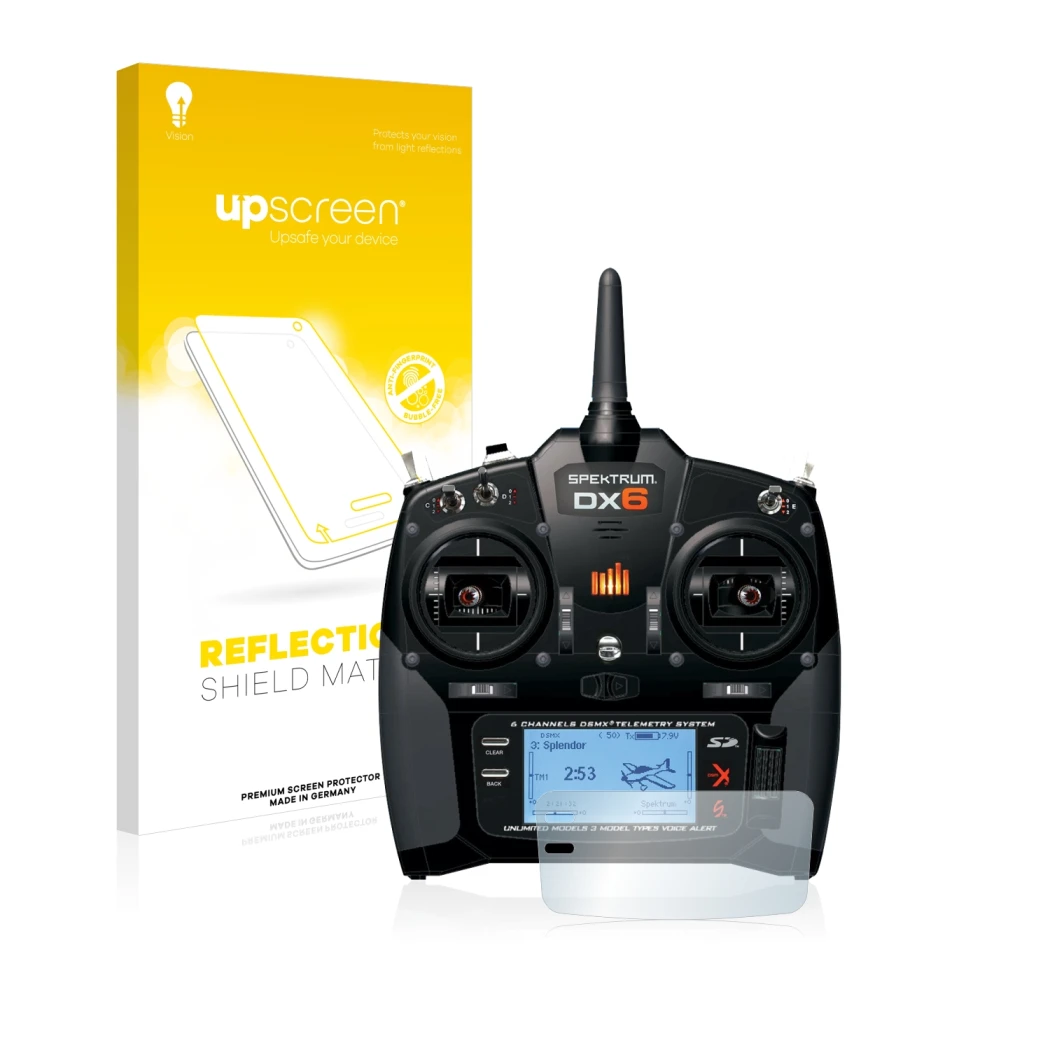 Face avant d’un emballage produit avec le logo de la marque upscreen. À côté, l’appareil Spektrum DX6 est représenté avec la p