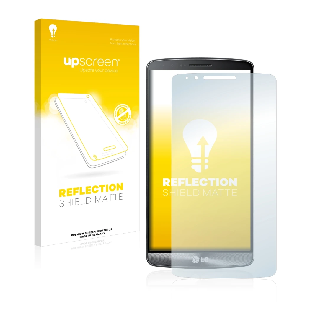 Face avant d’un emballage produit avec le logo de la marque upscreen. À côté, l’appareil LG G3 Cat. 6 est représenté avec la p