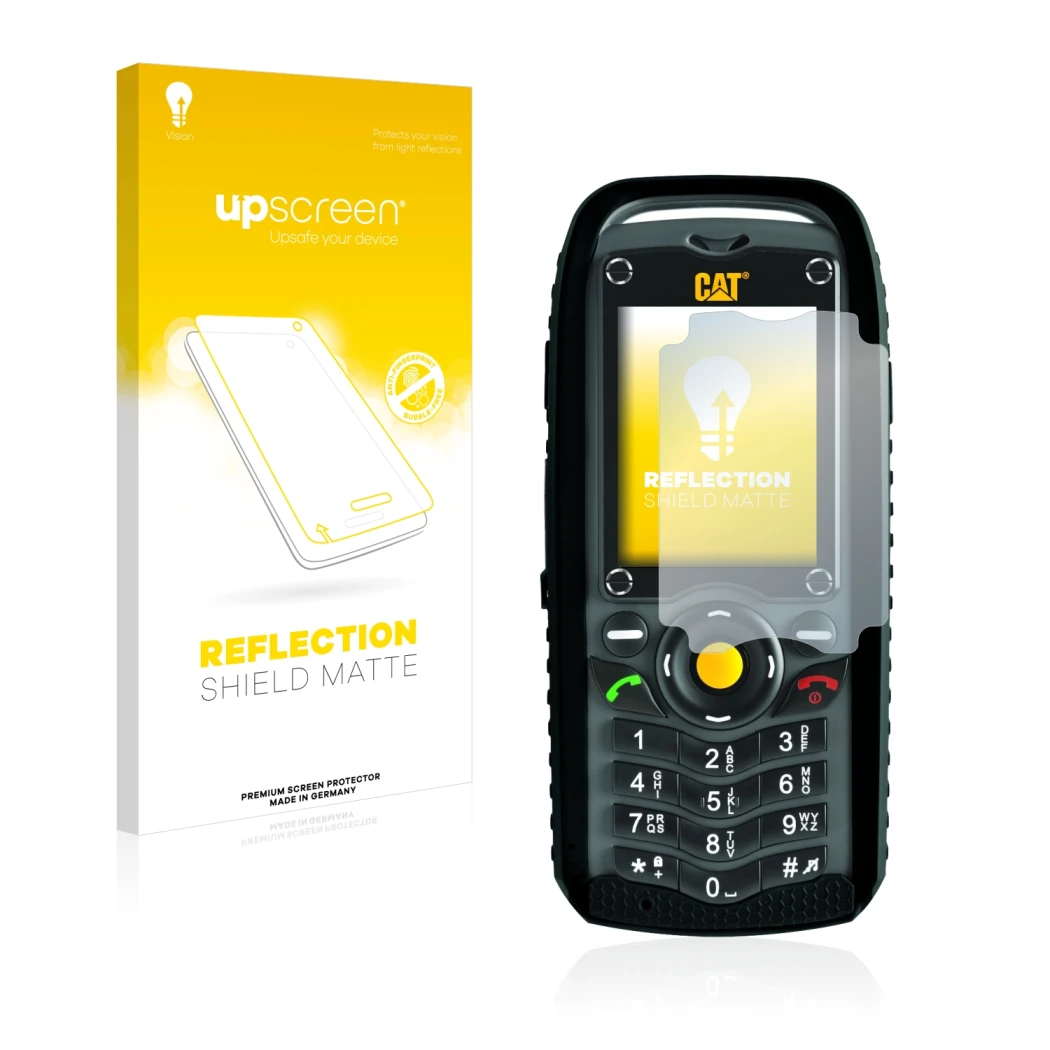 Face avant d’un emballage produit avec le logo de la marque upscreen. À côté, l’appareil Caterpillar Cat B25 est représenté av