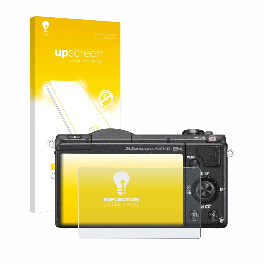 Face avant d’un emballage produit avec le logo de la marque upscreen. À côté, l’appareil Sony Alpha 5100 (DSLR-A5100) est repr