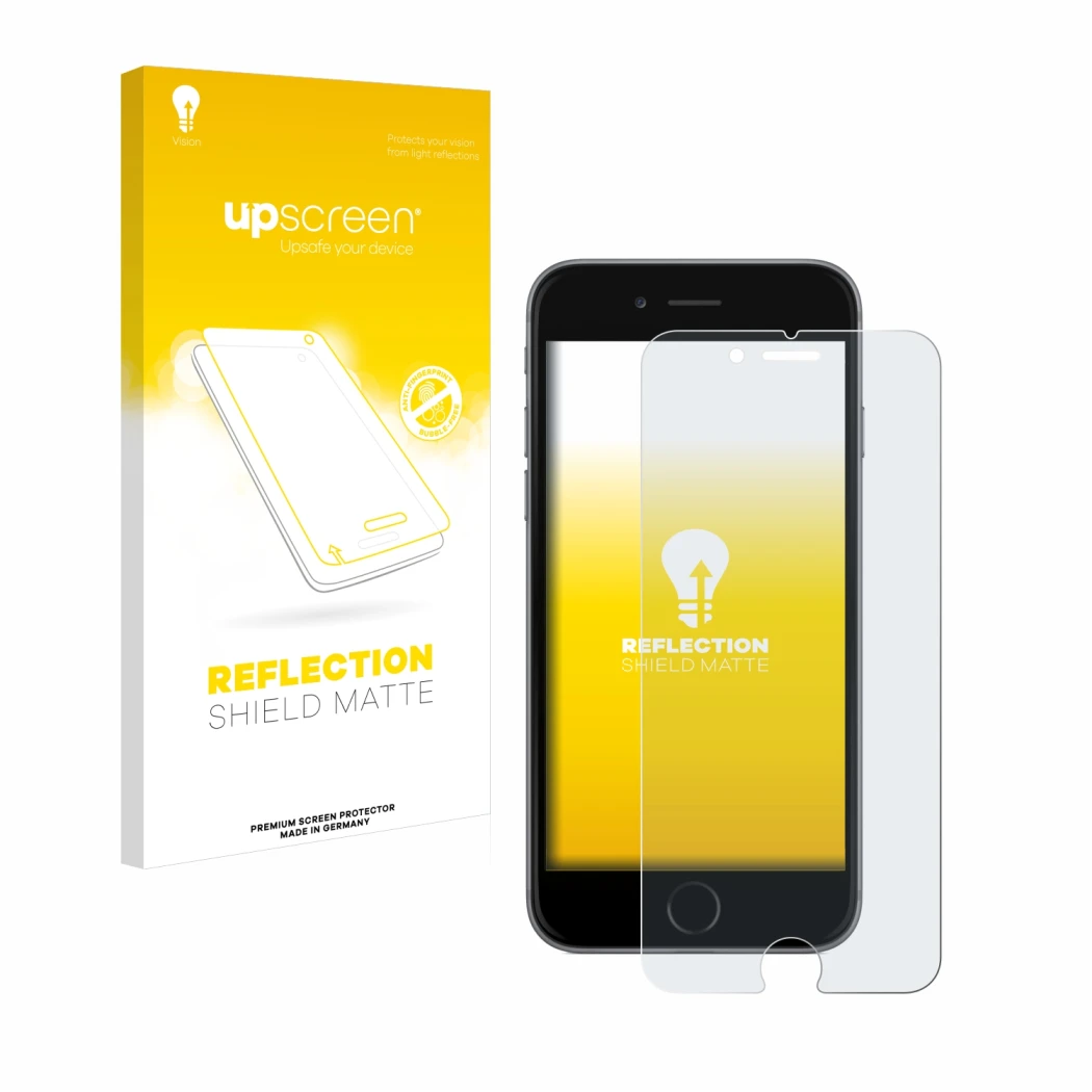 Face avant d’un emballage produit avec le logo de la marque upscreen. À côté, l’appareil Apple iPhone 6 est représenté avec la