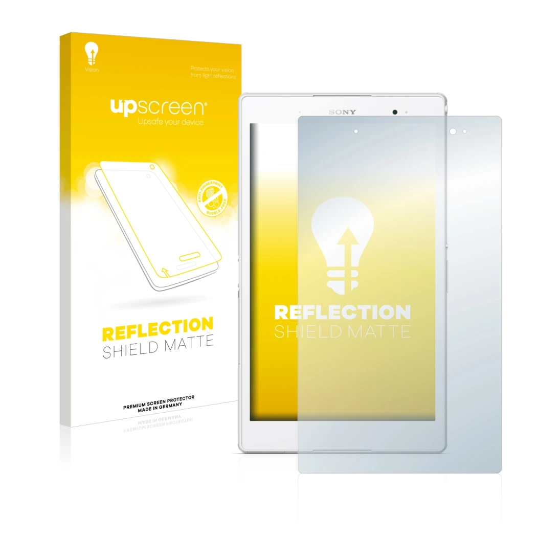 Face avant d’un emballage produit avec le logo de la marque upscreen. À côté, l’appareil Sony Xperia Z3 Tablet Compact SGP621