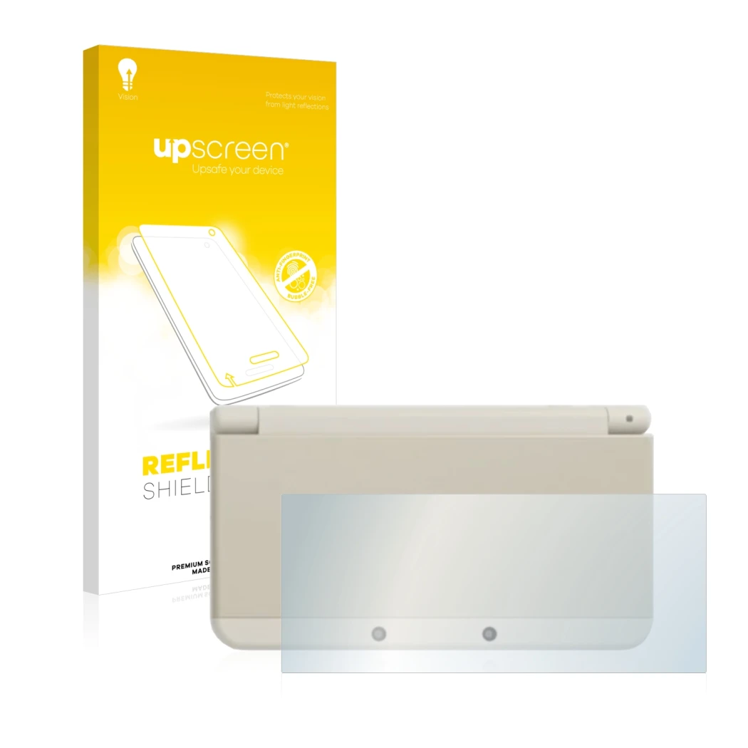 Face avant d’un emballage produit avec le logo de la marque upscreen. À côté, l’appareil Nintendo New 3DS (boîtier) est représ