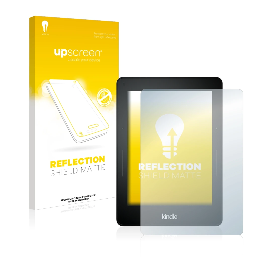 Face avant d’un emballage produit avec le logo de la marque upscreen. À côté, l’appareil Amazon Kindle Voyage est représenté a