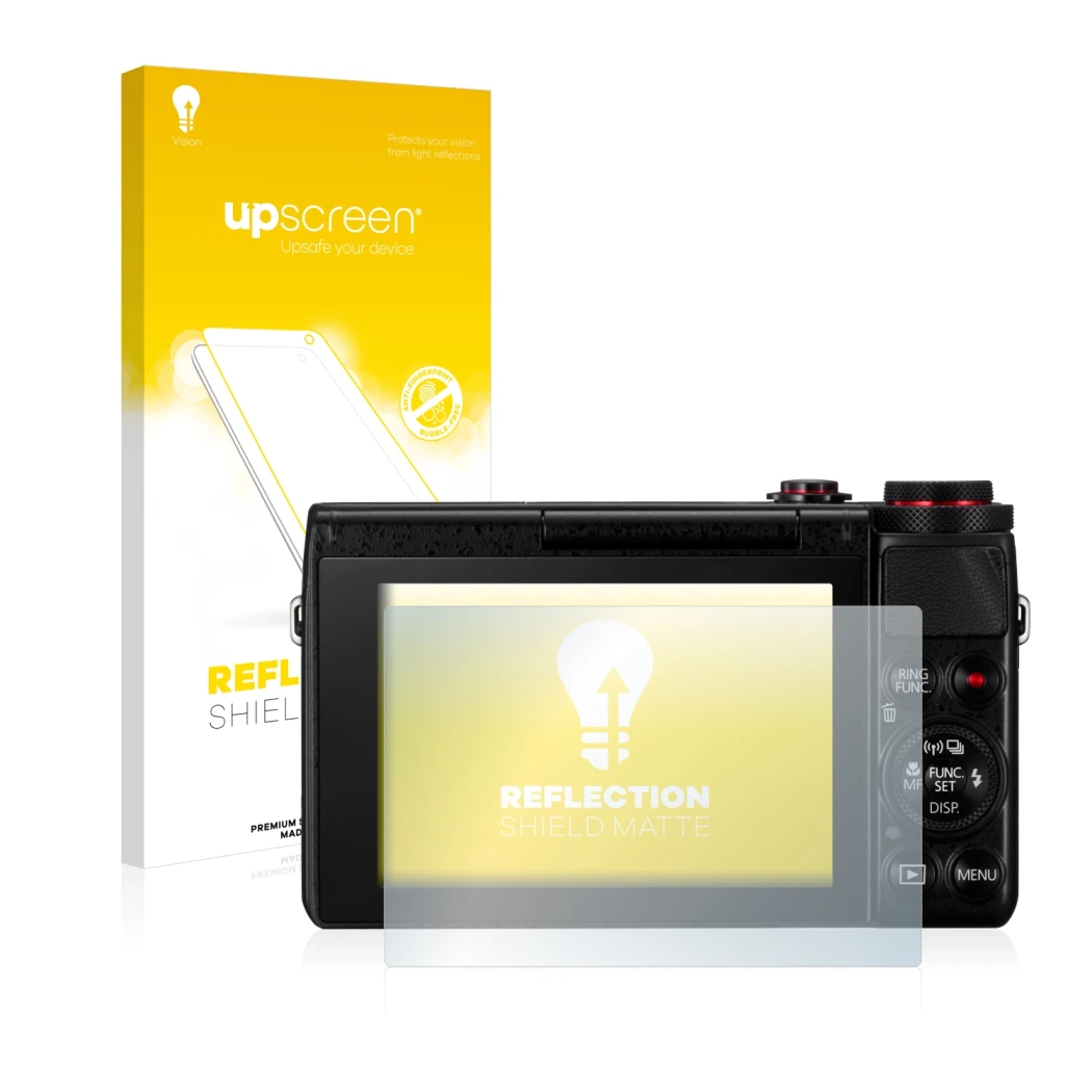 Face avant d’un emballage produit avec le logo de la marque upscreen. À côté, l’appareil Canon PowerShot G7 X G7X est représen