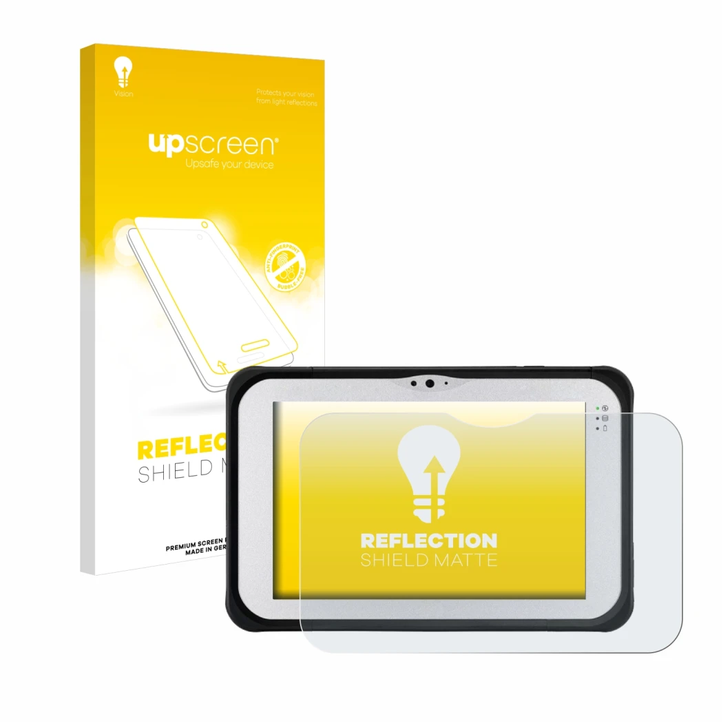 Face avant d’un emballage produit avec le logo de la marque upscreen. À côté, l’appareil Panasonic Toughpad FZ-M1 est représen