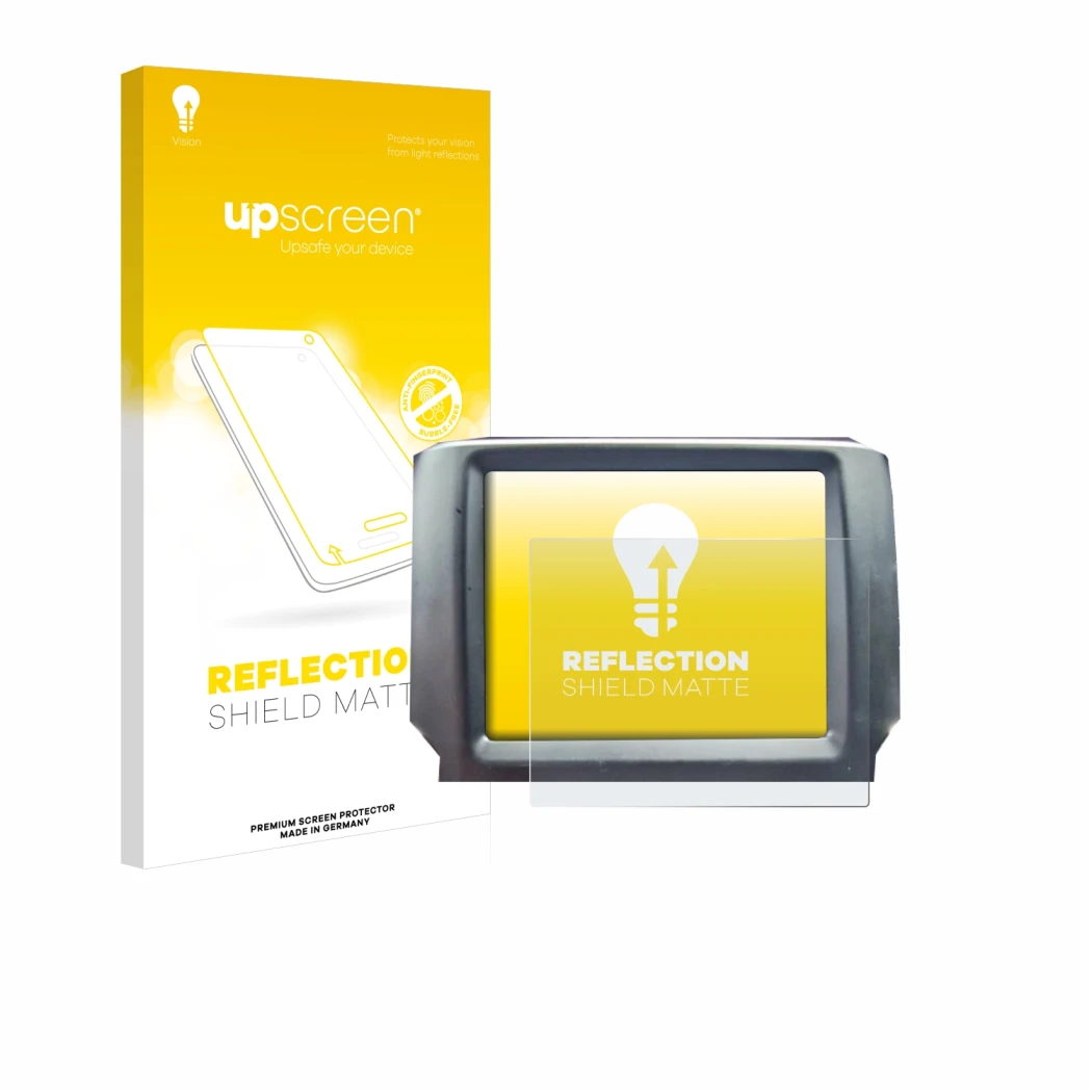 Face avant d’un emballage produit avec le logo de la marque upscreen. À côté, l’appareil Uconnect 8.4