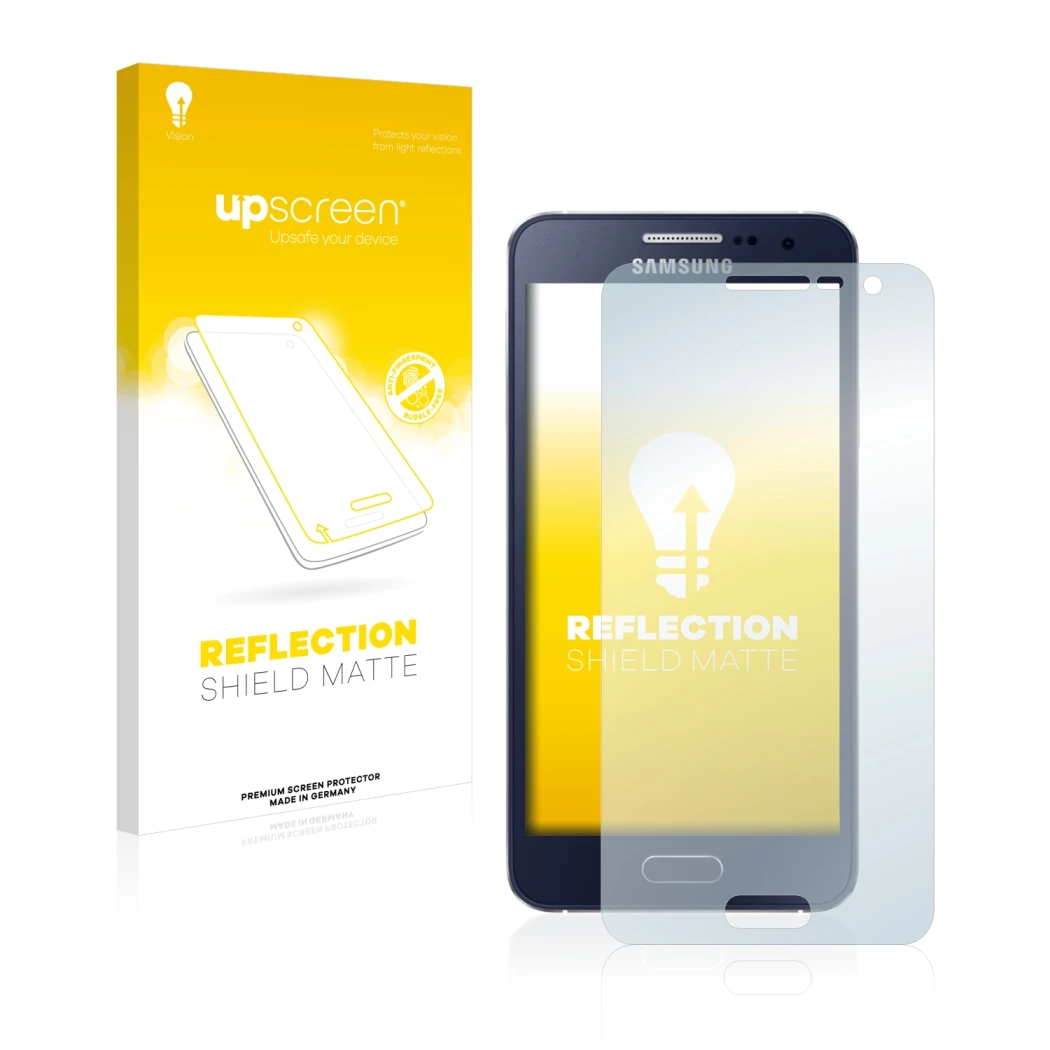 Face avant d’un emballage produit avec le logo de la marque upscreen. À côté, l’appareil Samsung Galaxy A3 2015 est représenté