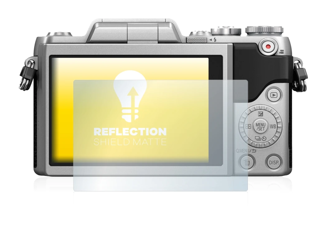 Image de l'appareil Panasonic Lumix DMC-GF7 avec une grande variété de protections d'écran.
