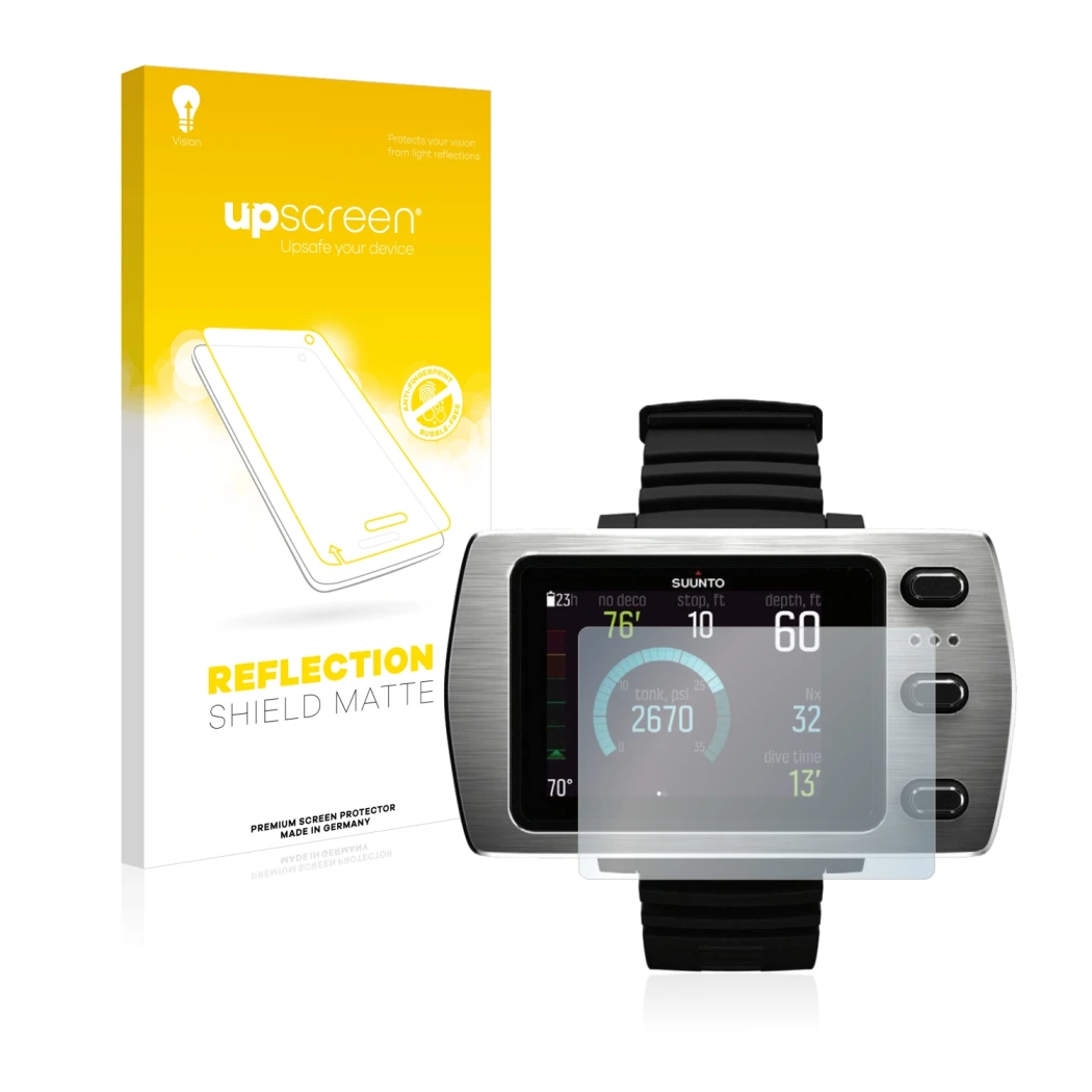 Face avant d’un emballage produit avec le logo de la marque upscreen. À côté, l’appareil Suunto Eon Steel est représenté avec